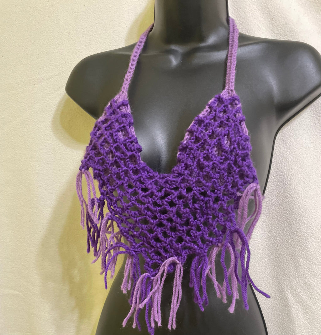 Women’s Crochet Halter Top Fringe Backless Tie V-Neck , Handmade