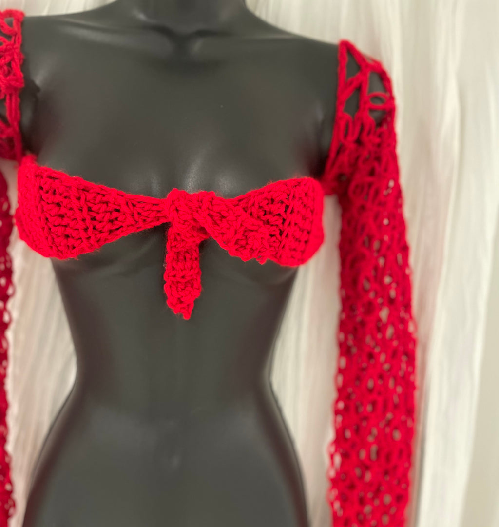 Women’s Crochet Open Knit Sweetheart Tie Front Bow Crop