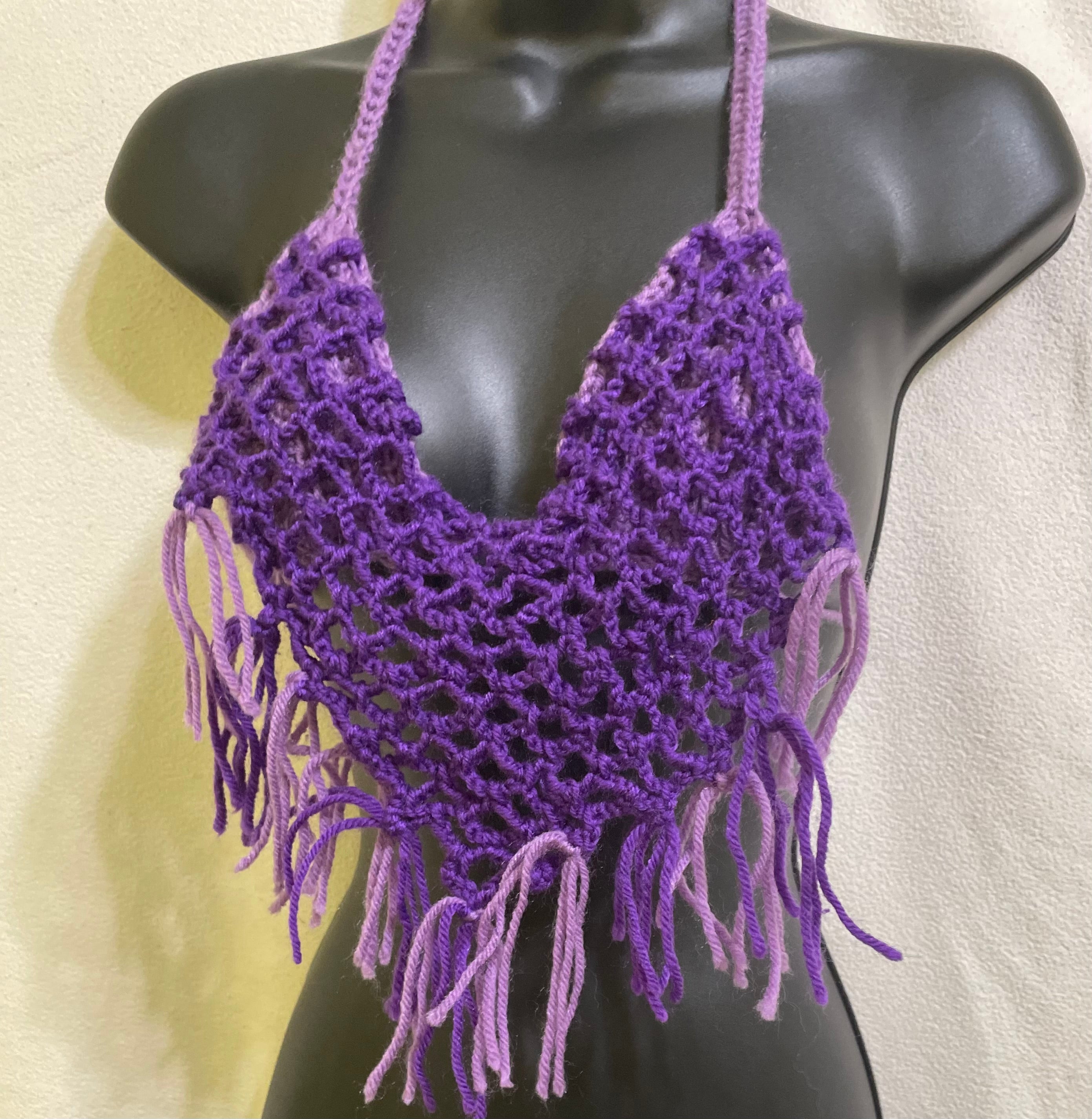 Women’s Crochet Halter Top Fringe Backless Tie V-Neck , Handmade