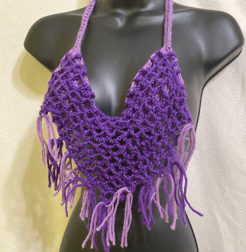 Women’s Crochet Halter Top Fringe Backless Tie V-Neck , Handmade
