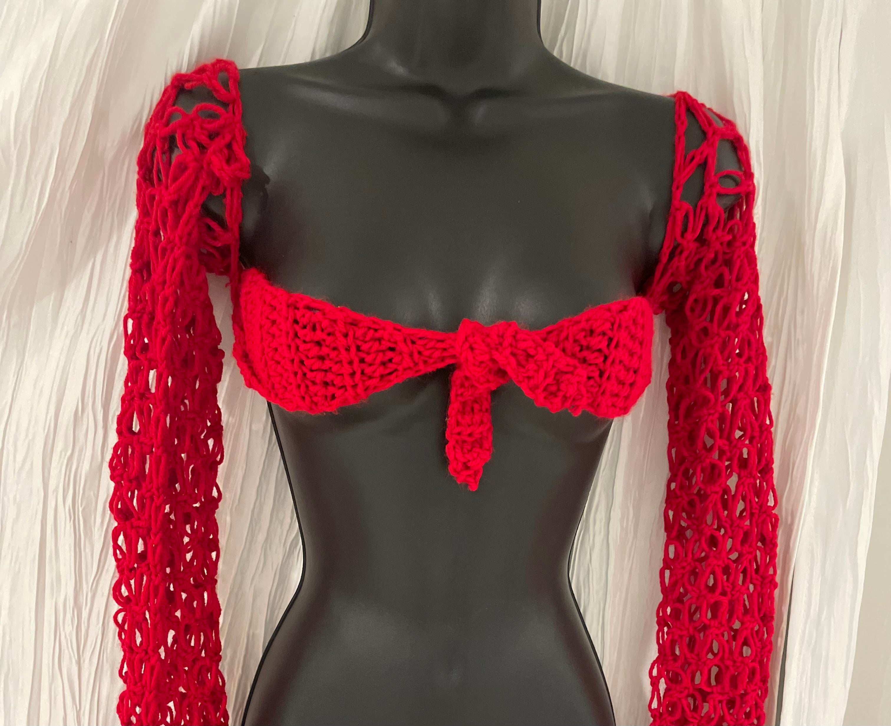 Women’s Crochet Open Knit Sweetheart Tie Front Bow Crop