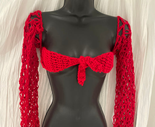 Women’s Crochet Open Knit Sweetheart Tie Front Bow Crop