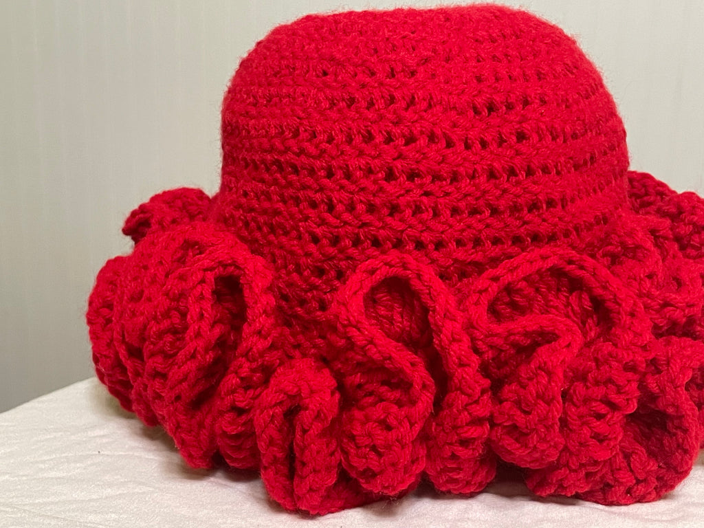 Handmade Women’s Red Crochet Cloche Hat Ruffle Brim Solid Yarn One Size
